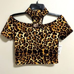 Cheetah Print Cut Out Off Shoulder Choker Mock Neck Crop Top - Small - NWT
